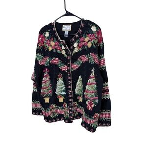 Heirloom Collectibles Black Christmas Tree Embroidered Cardigan Sweater‎ 26/28